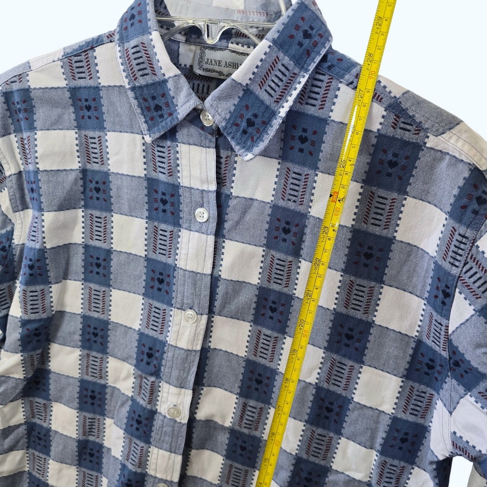 Jane Ashley Blue White Gingham Heart Button Down Shirt 100% Cotton Womens Medium - Picture 4 of 7